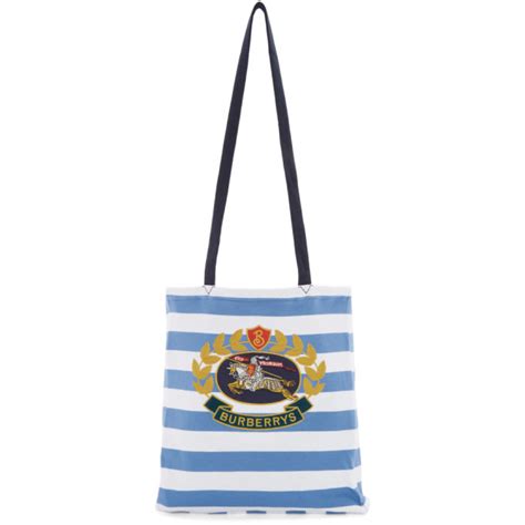 burberry blue & white stripe logo tote